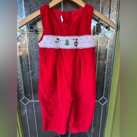 Other - Boys 3T Red Santa Christmas Tree Snow Man Smocked Sleeveless Jon Jon Holiday
